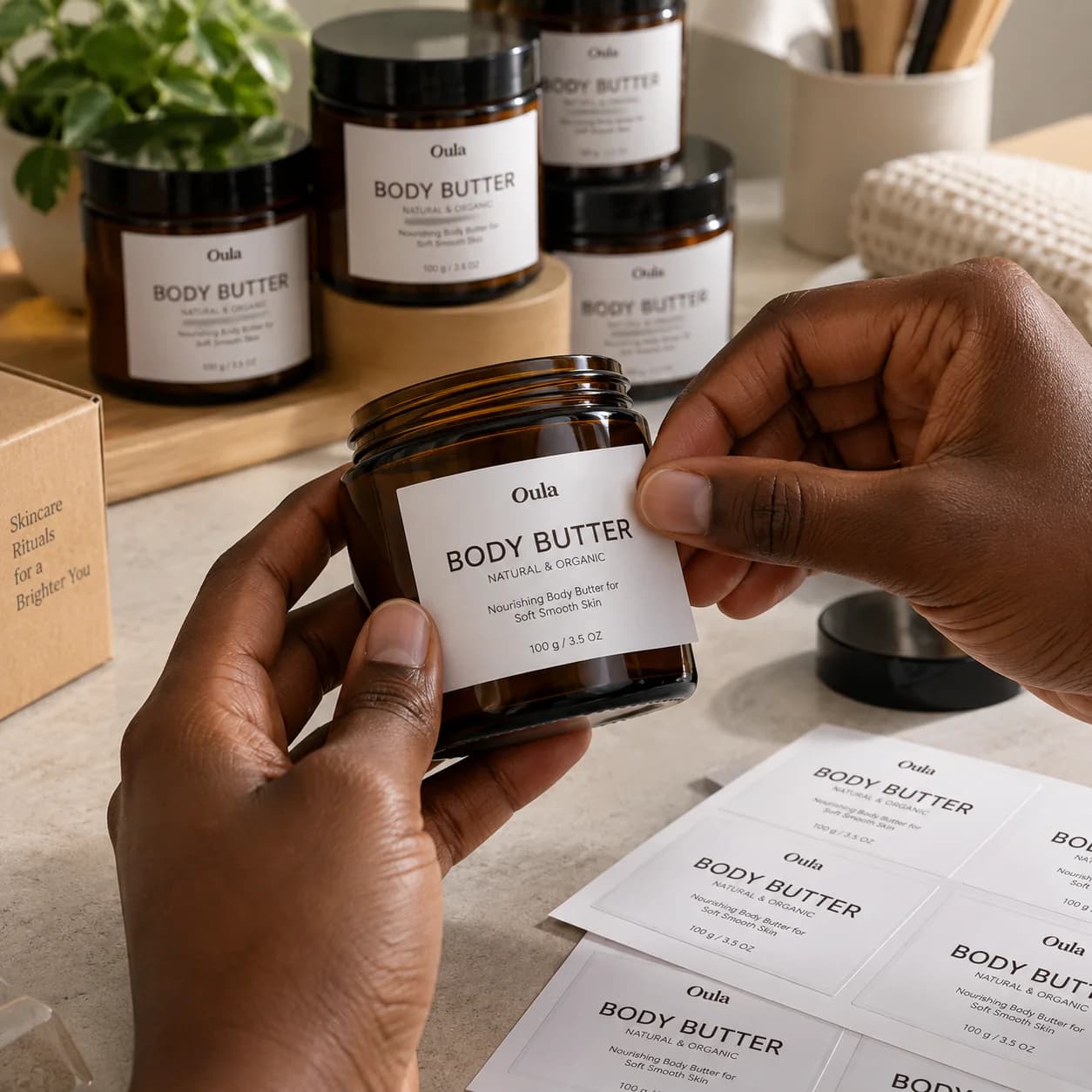 Custom product labels being applied to body butter jars