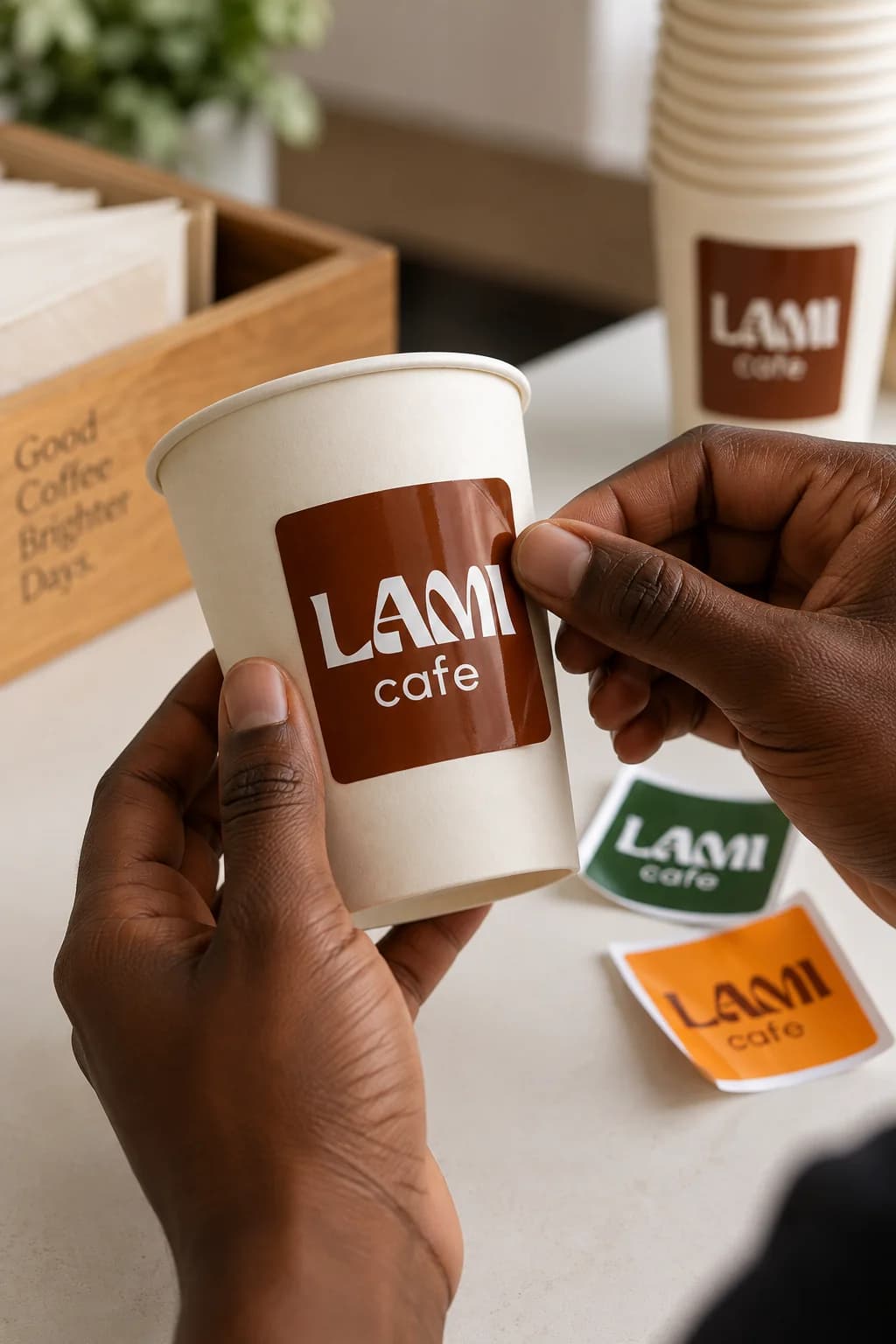 Branded LAMI coffee cup with custom sticker